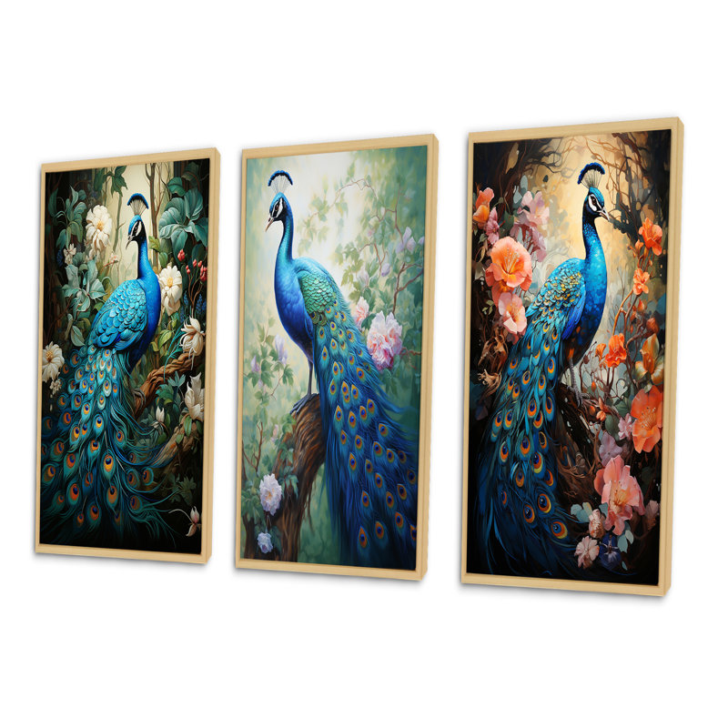 «Teal Peacock Monicol», 3 pièces sur toile, Cadre naturel flottant, H 20 po x l 36 po