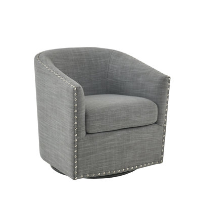 Fauteuil pivotant de 31,5 po Largeur de l'emballage, gris, fabrication en bois massif et contreplaqué, tissu gris, mousse haute, garnitures cloutées argentées, assemblage facile