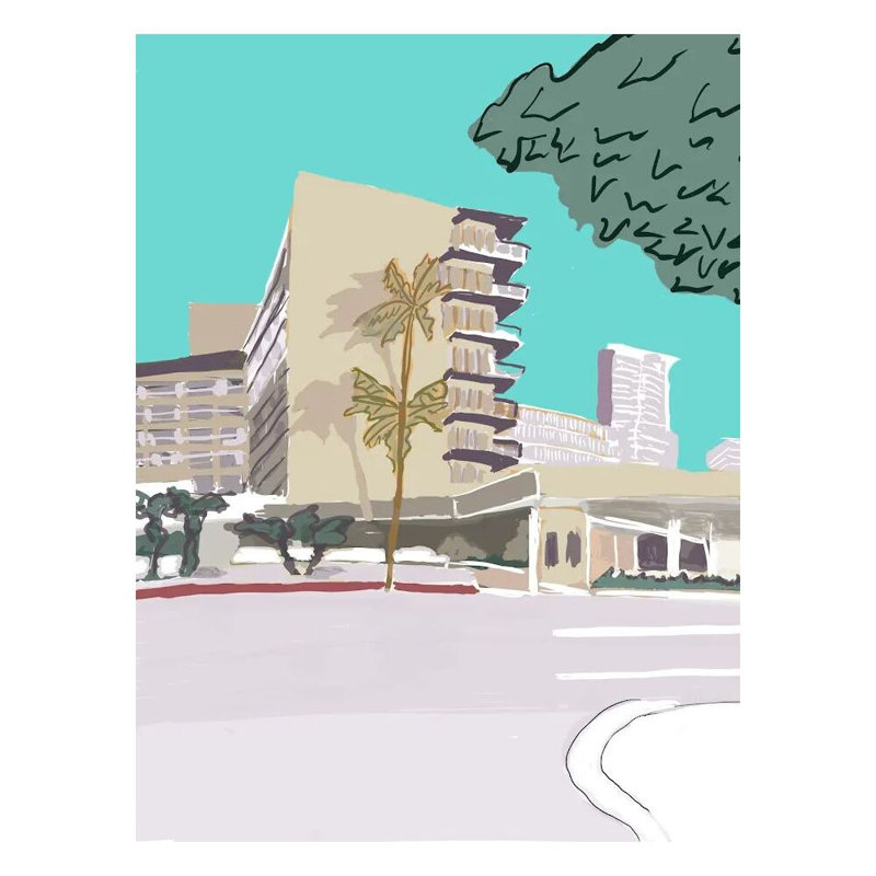Hôtel Hilton par Deborah Blum, H 21,2 po x l 17,2 po x P 0,88 po, Blanc, Papier avec cadre simple noir