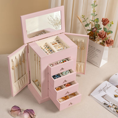 Grande boîte à bijoux en cuir 5 couches avec miroir et tiroirs, rangement pour bijoux pour colliers, boucles d'oreilles, bracelets (rose)