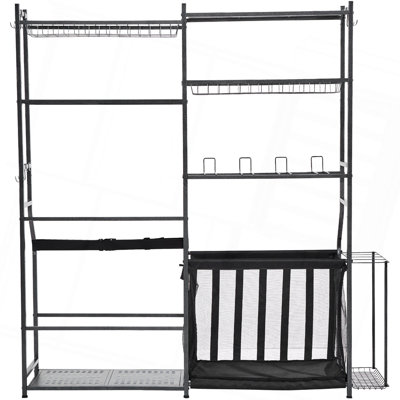 Golf Storage Garage Organizer, 2 Golf Bag Storage Stand Holder and Other Sports Equipment Storage Rack, Outdoor Steel Ball Cart, Sports Gear and Toys Storage Shelves with Baskets & Hooks, Black