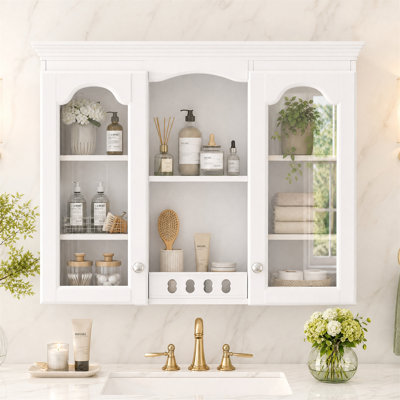 Wall-Mounted Bathroom Medicine Cabinet with 2 Glass Doors and Adjustable Shelves, White