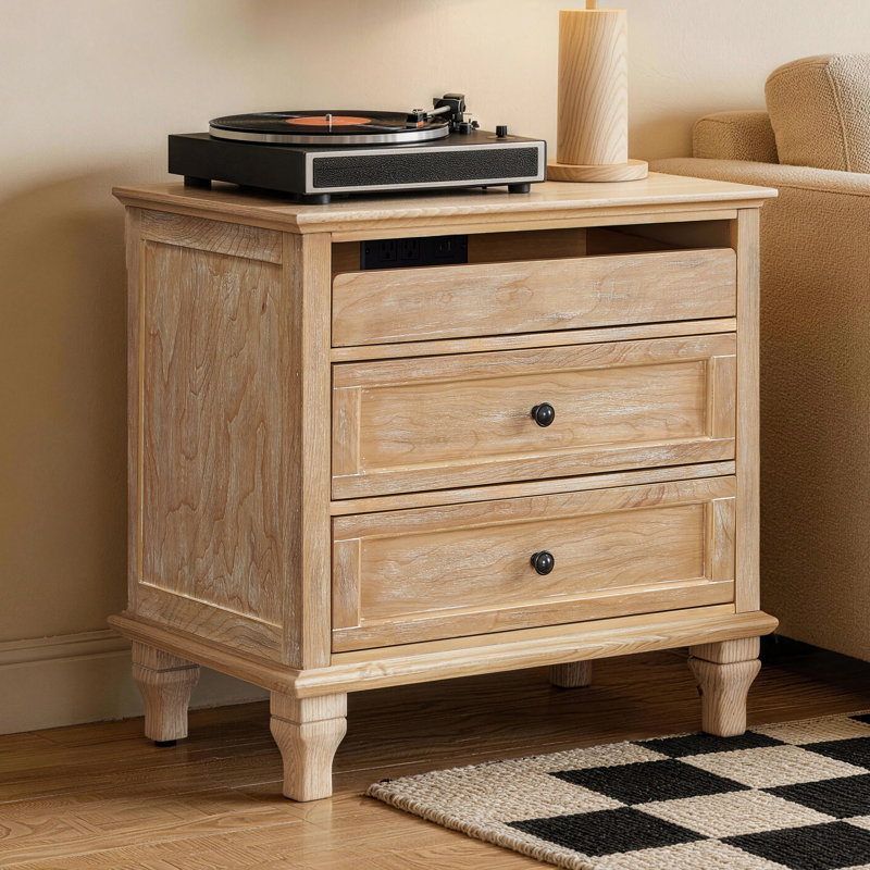 Table de chevet en bois avec station de charge, 3 tiroirs, ports USB et Type-C pour la chambre à coucher et le salon