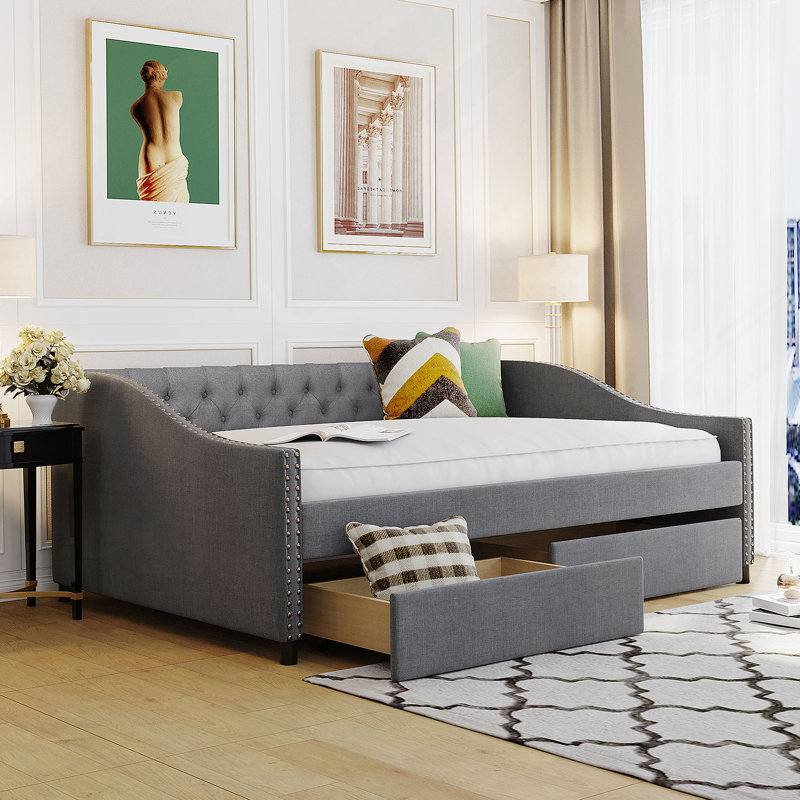 Upholstered daybed with Two Drawers, Wood Slat Support