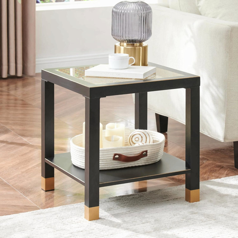 Table d'appoint carrée avec tablette, table d'appoint de style bohème pour le salon, table de bout en verre trempé avec structure en métal, table de chevet pour la chambre à coucher, 2 niveaux