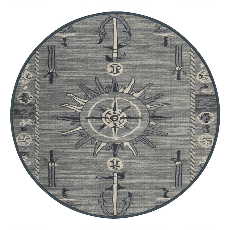 Washable Maritime grays Nautical Area Rug, Round 7'