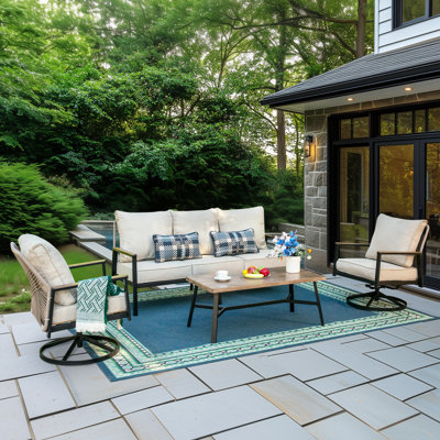  All-Weather Hand-Woven PE Rattan Outdoor Sofa Set with Cushions and Wood-Grain Metal Table