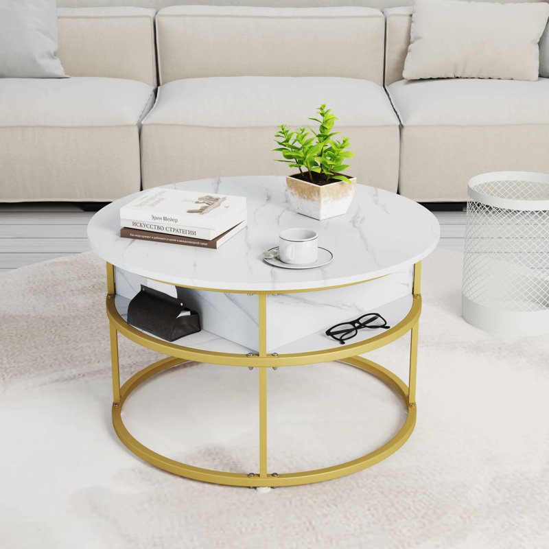 31.5” Lift Top Coffee Table with Hidden Compartment & Side Shelves for Living Room, White Top/Gold Base, Marble