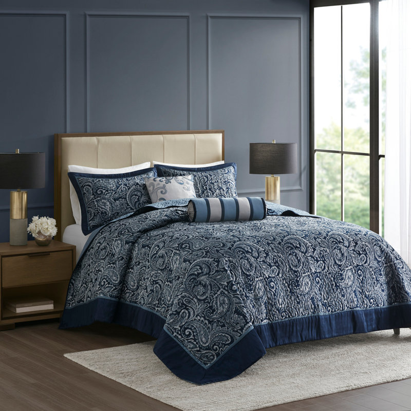 Ensemble de couvre-lit 5 pièces en jacquard avec coussins décoratifs bleu marine