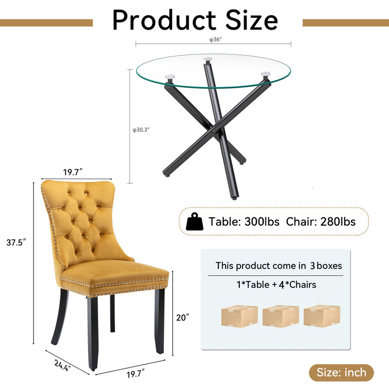 36" Glass Dining Room Table Set for 4, 5-Piece Round Black Dining Table with Metal Legs,  4pcs Velvet Upholstered Chairs with Wood Legs, Glass Kitchen Table and Chairs Set