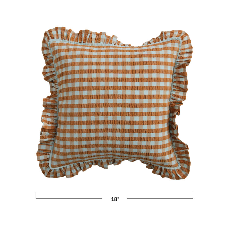 Cotton Gingham Ruffle Pillow in Brown & White
