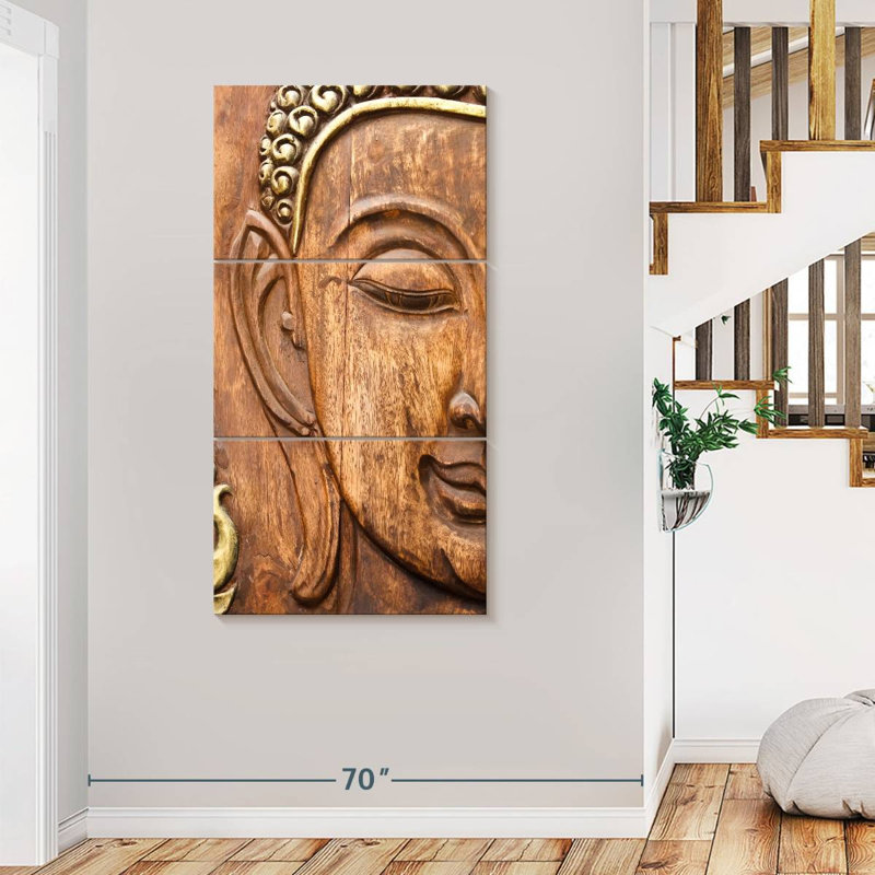 Bouddha en bois sculpté 3 pièces, H 80 po x l 39 po x P 1,25 po