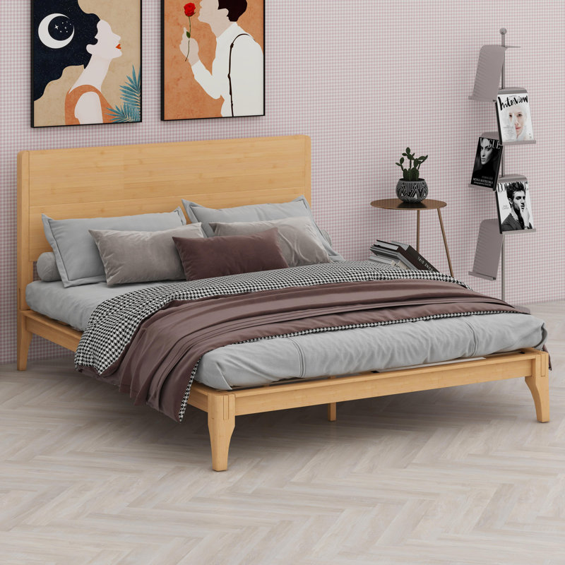 Lit plateforme, Bambou/métal, Naturel, Lit double