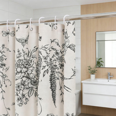 Cotton Floral Swallow Shower Curtain, Farmhouse Cottagecore Bathroom Decor With Butterfly And Branch Design, Water-Resistant Fabric For Modern French Country Style
