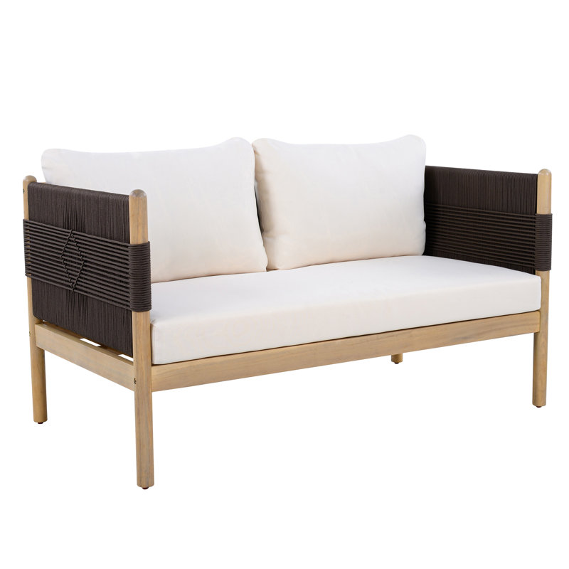 Causeuse d'extérieur en bois d'acacia avec tissage et coussins en corde de diamant, teck clair, Crème, Noir, teck clair