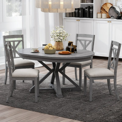 5 - Piece Extendable Dining Set, Round-To-Oval Expansion, Wood, X-Base Pedestal, Modern Farmhouse, Dining Room
