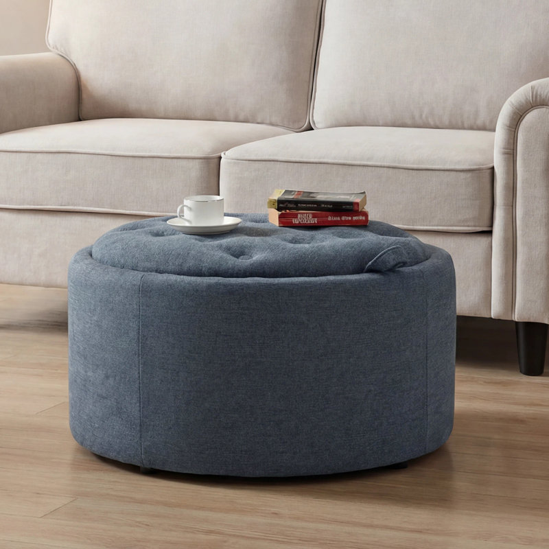 Repose-pieds capitonné rond 27,2 po avec rangement, Chenille - bleu