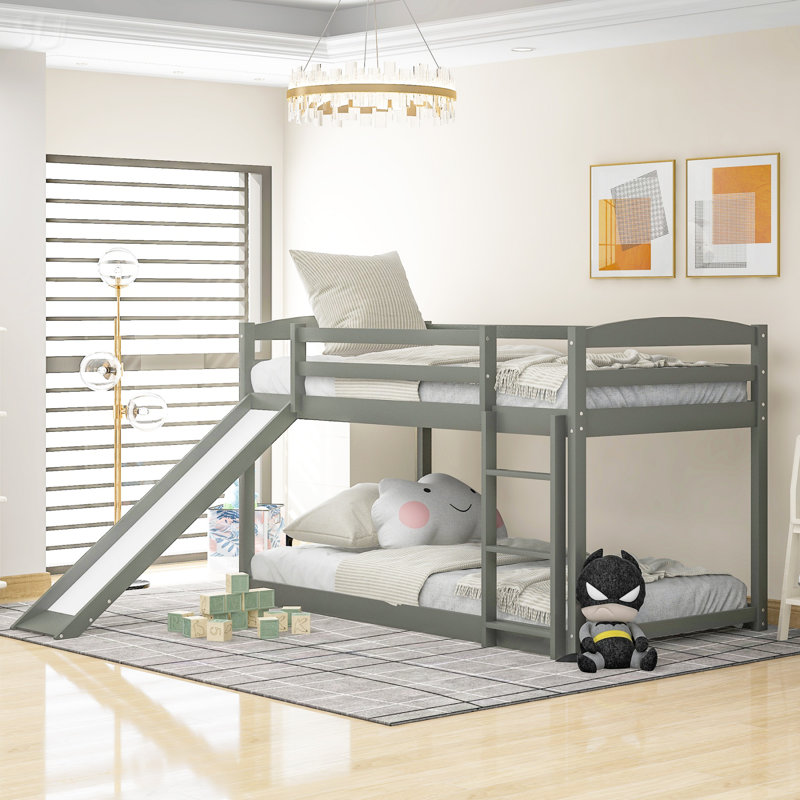 Lit superposé simple au-dessus de simple avec glissière convertible et échelle, lit, Gris