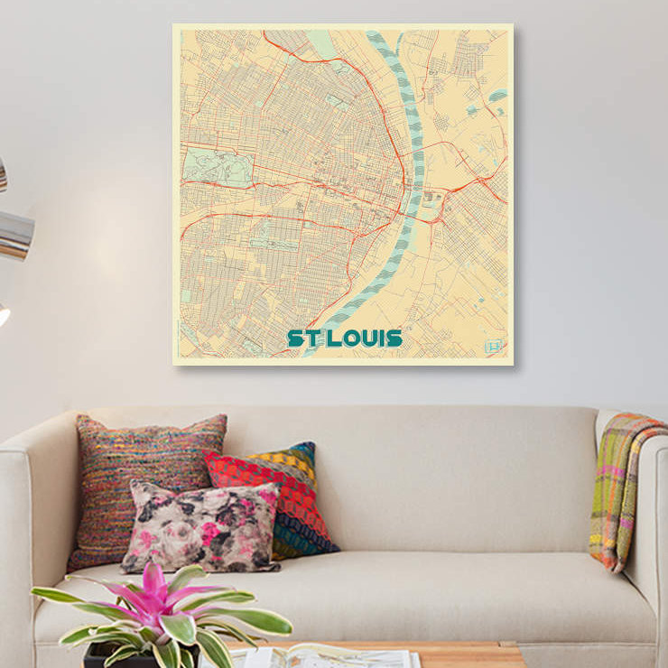 « st. louis rétro urban blueprint map », reproduction d’impression sur toile, H 37 po x l 37 po x P 1,5 po, Toile tendue