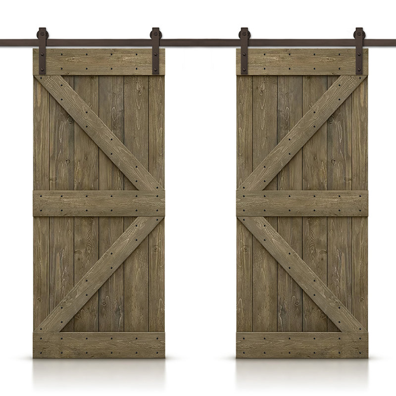 Porte de grange double à panneaux en bois teinté K Series avec ensemble de quincaillerie coulissante, Tonneau vieilli
