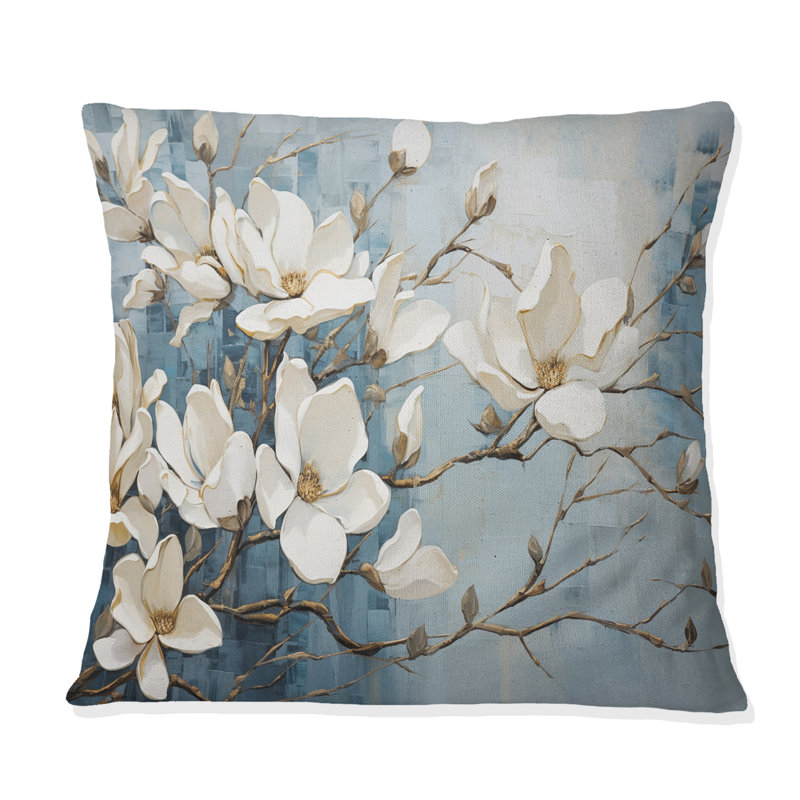 Coussin bleu et doré peint Magnolias VI - Magnolias