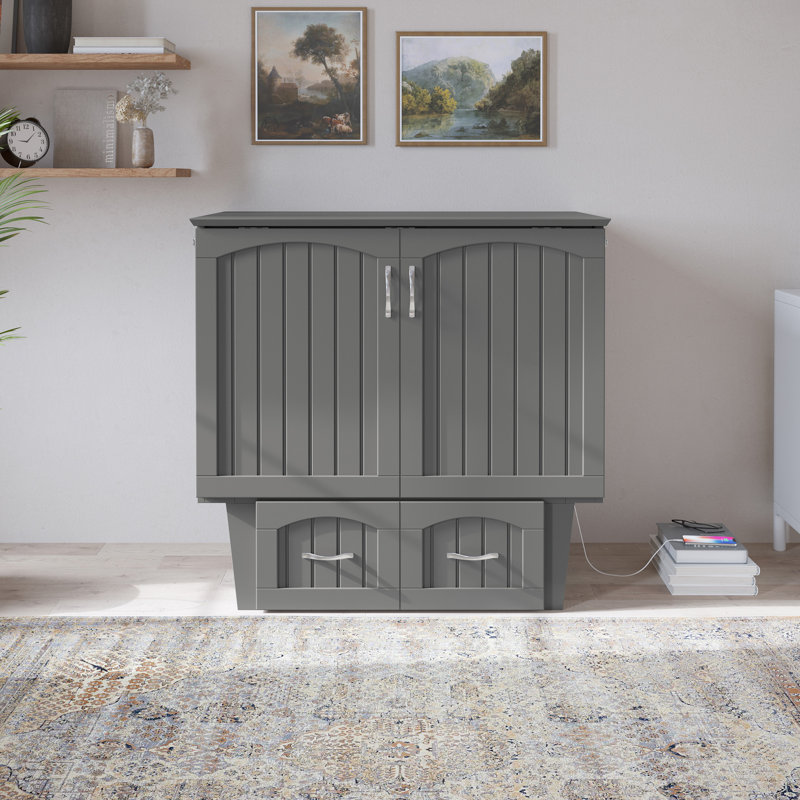 Kindig Murphy Bed Chest with 6" Mattress, Storage and Built-in Charger, Gray, Twin