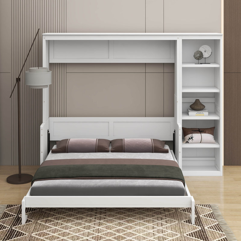 Grand lit escamotable avec bureau et bibliothèque, Blanc, Grand
