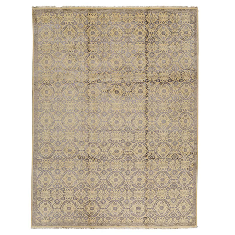 Tapis ivoire / violet noué à la main de haute qualité