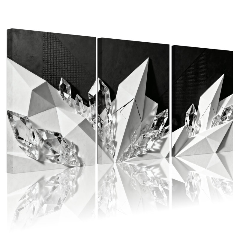Abstrait géométrique abstrait en cristal noir et blanc, ensemble de 3 impressions sur toile, H 24 po x l 48 po