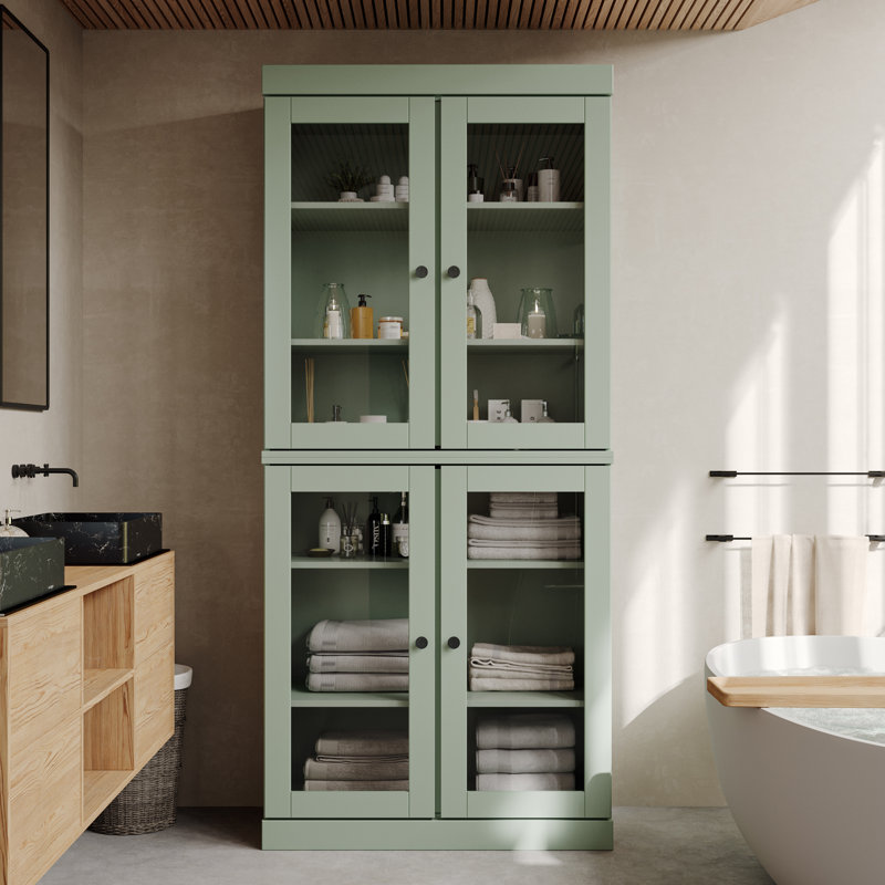 Armoire de salle de bain autoportante 100% bois massif 32 "avec portes en verre transparent et tablettes réglables - Rangement de salle de bain moderne