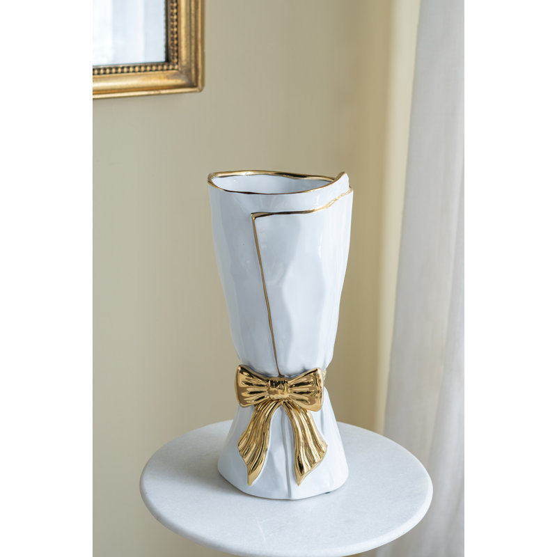 White Ceramic Vase With Ornate Gold Bow Design, 14.8" H x 6.7" W x 6.7" D