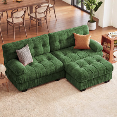 Modular Sectional Couch With Ottoman, 3-Seater Modern L-Shaped Sofa Couches, Comfy Chenille Sofa-Green