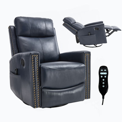 Genuine Leather Heat Massage Manual Recliner Chair With Rocker And Swivel For Living Room