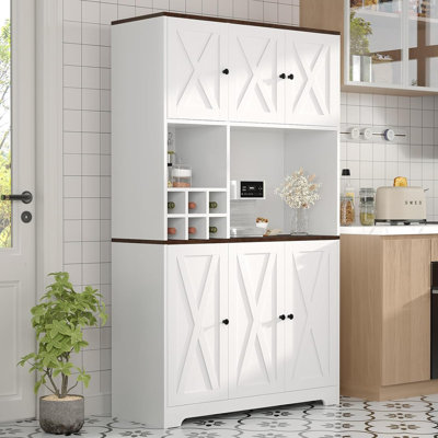 71-inch Tall White Kitchen Pantry Cabinet with Wine Rack, Farmhouse Coffee Bar Station for Dining & Living Room
