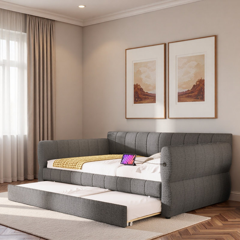 Upholstered Daybed With Usb And Trundle, Gray