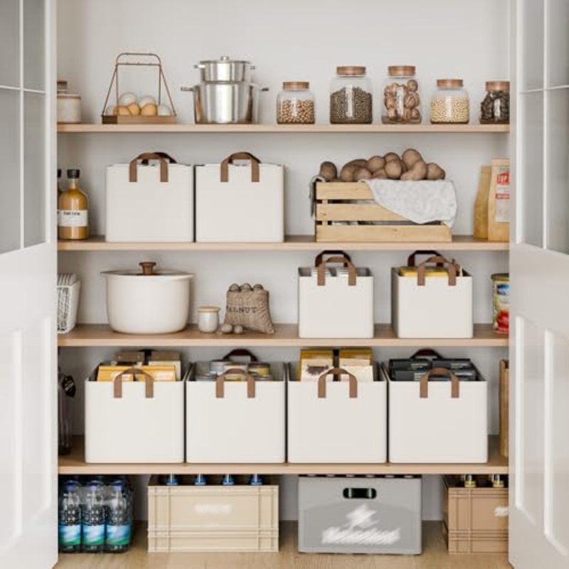 Très grand bac de rangement en tissu 45 po avec poignées en polyuréthane, paniers de rangement pour l'organisation, grand panier à linge, paquet de 2, beige, L 19 po x l 13,25 po x H 11 po