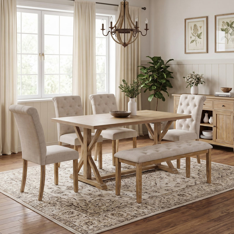 Ensemble de salle à manger rétro 6 pièces, en bois massif, comprenant une table rectangulaire à tréteaux, 4 chaises rembourrées et un banc, idéal pour la salle à manger et la cuisine.