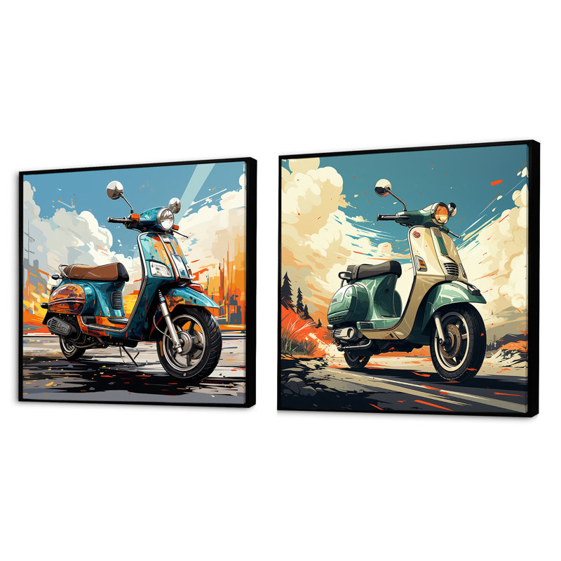 Edgy Scooter Odyssey - Ensemble de 2 collages carrés, Cadre flottant noir, H 16 po x l 33 po