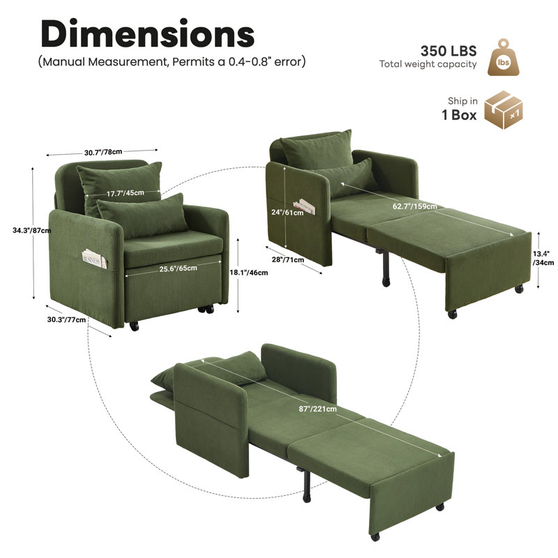 87'W 3-In-1 Convertible Chair Linen Sleeper with Adjustable Backrest and Storage Bag Set Of 2, Green Corduroy