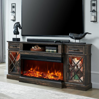 Meuble télé avec foyer à 3 côtés en verre pour téléviseur de 80 po ou moins, meuble télé Highboy avec porte vitrée, grand meuble télé 70 po avec foyer électrique 36 po