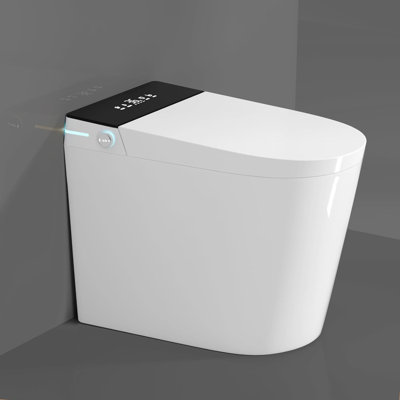 Compact Round Toilet 23" Depth,Smart Auto Flush Instant Heating and Drying For Small Modern Bathroom 12" Rough-in,White