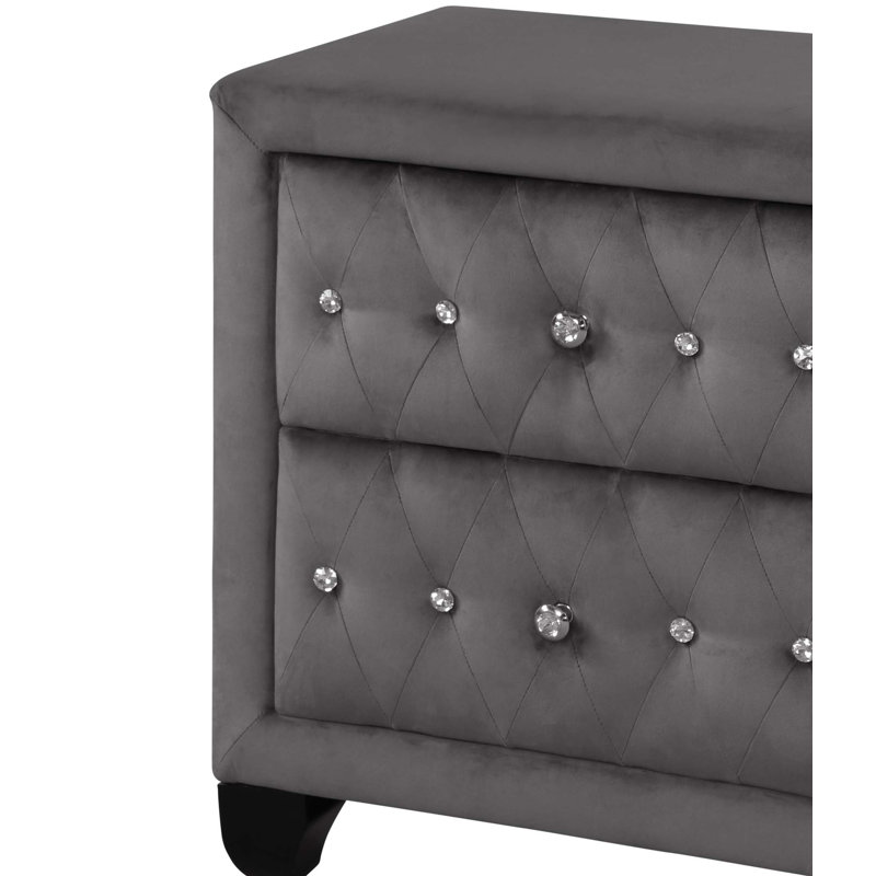 Table de chevet à 2 tiroirs capitonnée en cristal de style moderne avec tissu en velours gris