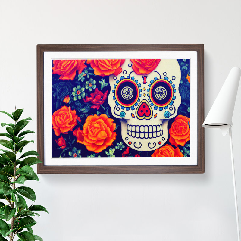 Wondrous Floral Sugar Skull 1 Piece Single Picture Frame Painting, 34cm H x 46cm W x 2cm D, Walnut