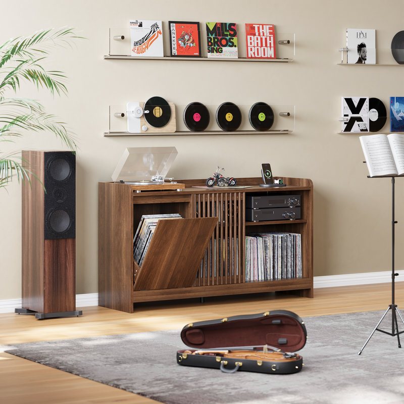 Mid-Century  Turntable Stand With AC & USB Outlets, Large Capacity Media Console Table For Turntable - Large Vinyl Record Storage Cabinet For Living Room & Bedroom