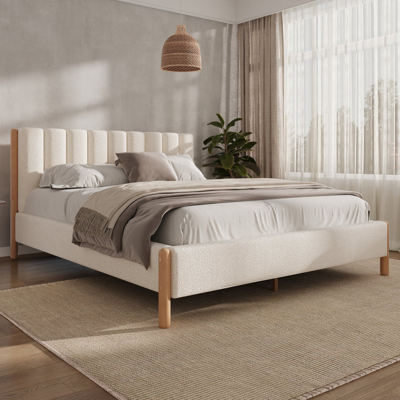 Modern Boucle Upholstered Bed with Vertical Striped Headboard and Solid Wood Frame (Queen), Queen