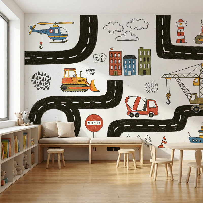 Papier peint blanc, véhicules de construction, feuille de route, décoration murale amovible pour enfants, 100 po x 96 po