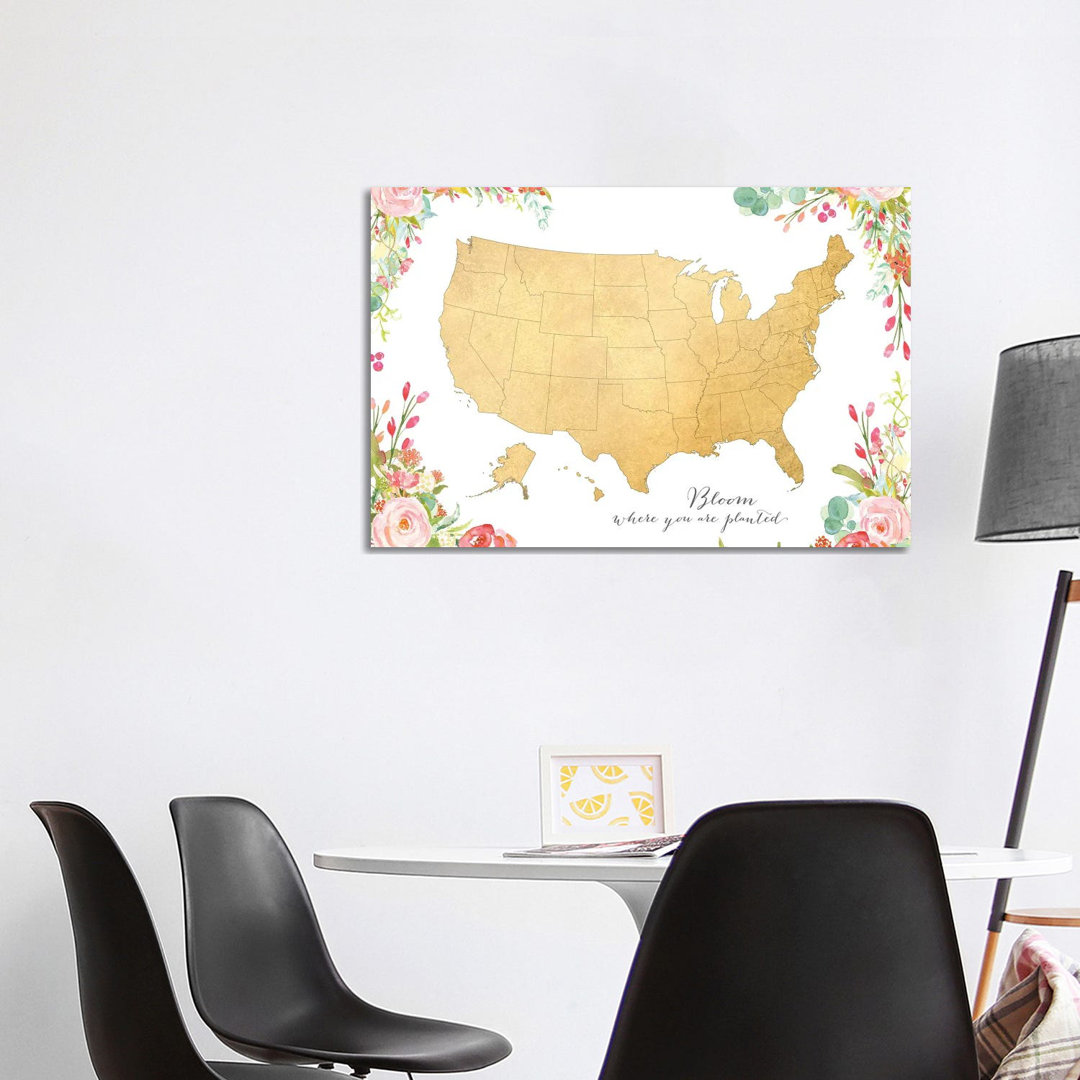 Floral Watercolor Inspirational Map Of The Us von Blursbyai - Gallery-Wrapped Canvas Giclée