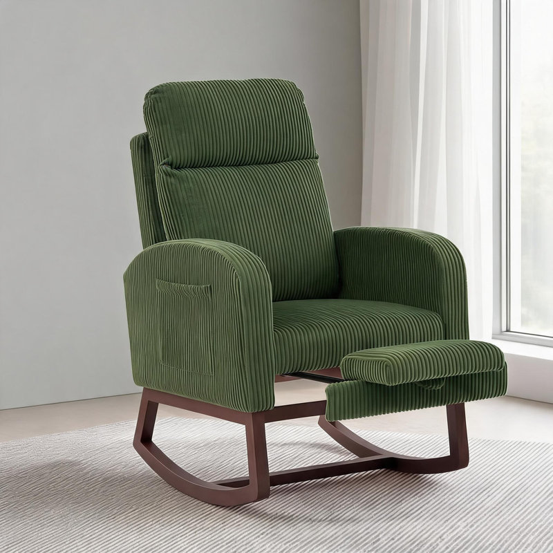 Chaise berçante rembourrée avec repose-pieds et poche latérale, Green, Walnut