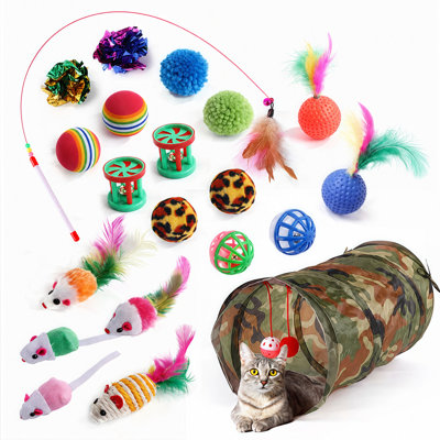 Ensemble de jouets pour chat - lot de jouets interactifs pour chaton 20, 21, 24 et 26 pièces avec baguettes, souris, boules et ressorts, certains ensembles incluent un tunnel pliable (multicolore)