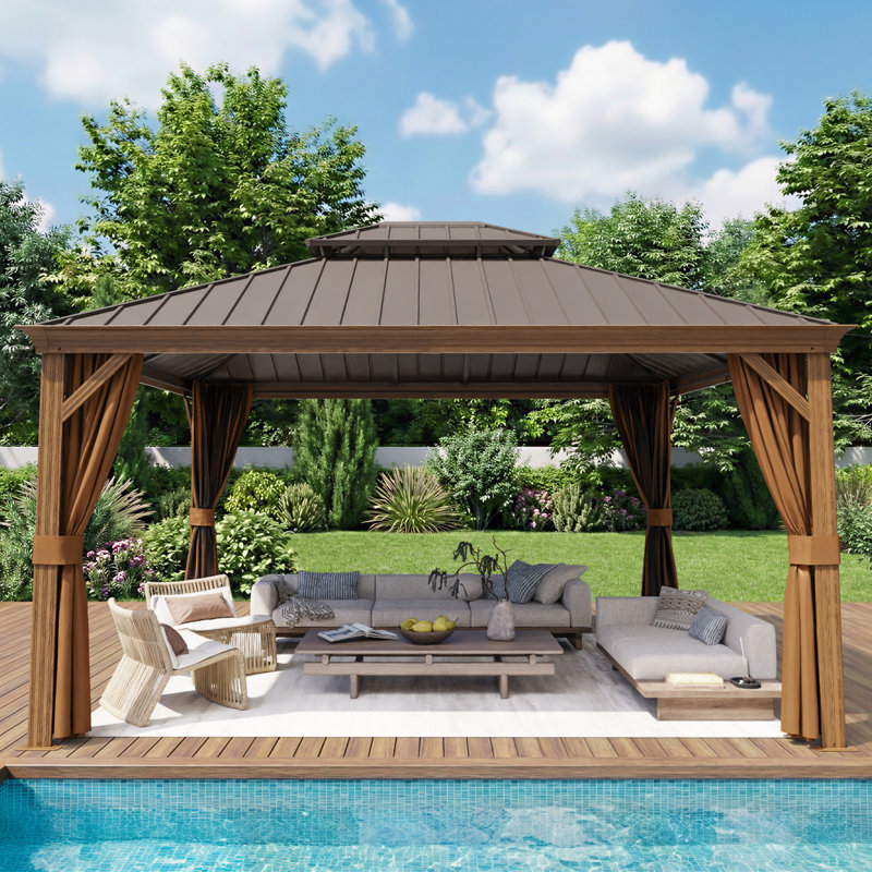 16 pi L 12 pi. D Pavillon de jardin extérieur en aluminium à toit rigide avec toit à double couche, rideaux et moustiquaire